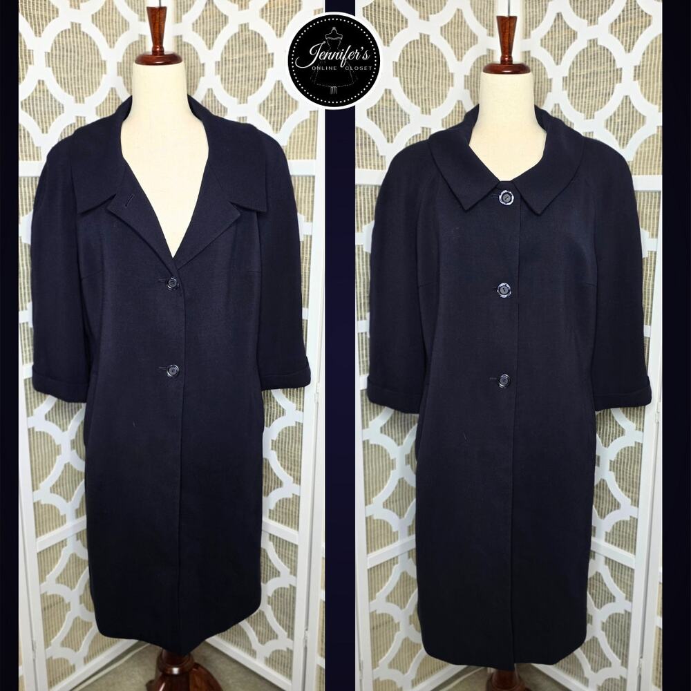 Jones NY Navy Blue Two Button 3/4 Raglan Cuffed Sleeve Long Jacket Size 14